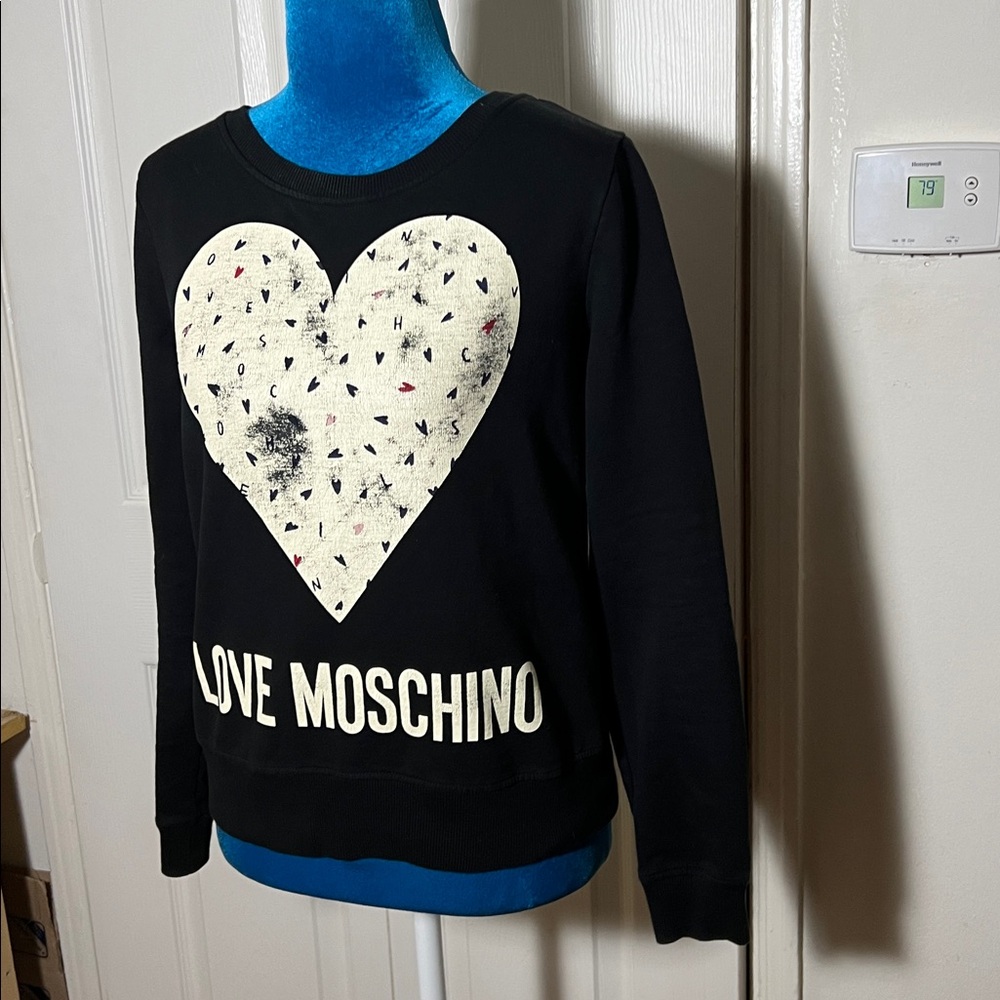 Love Moschino Black Crew Sweatshirt with Cream Distressed Heart - Picture 2 of 6